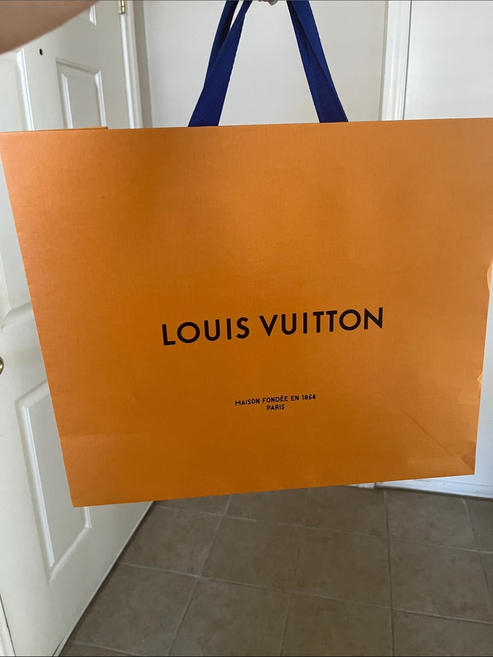 Louis Vuitton Orange Shopping Bag with Blue Ribbon Handles
